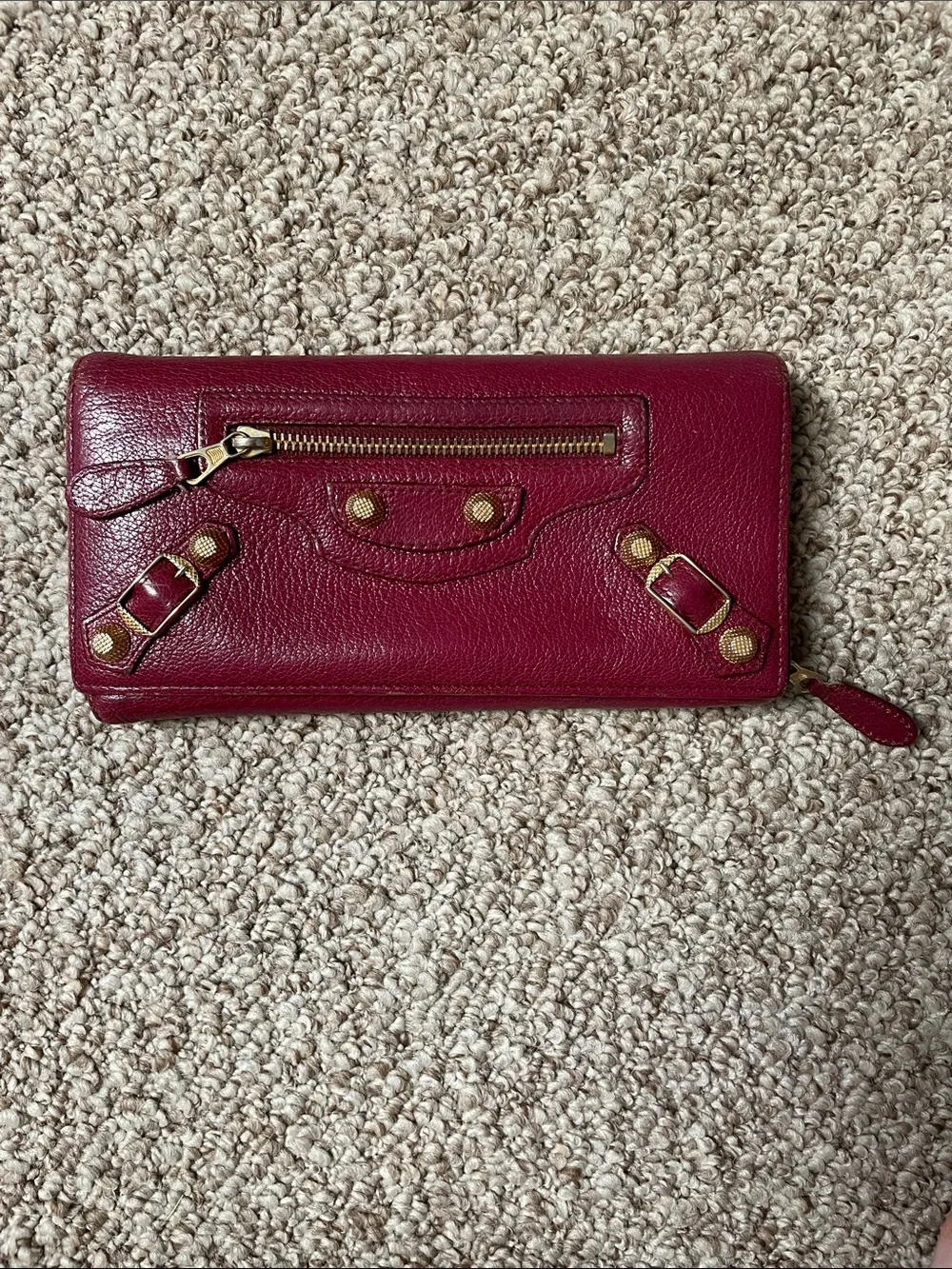 Zip-Around Burgundy Balenciaga Leather Wallet with Gold Hardware